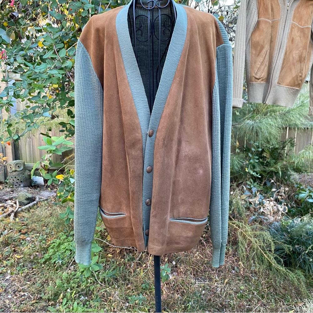 Vintage Sabry Italian Leather 50s/60s Suede Knit Sweater Cardigan Wool Button Up